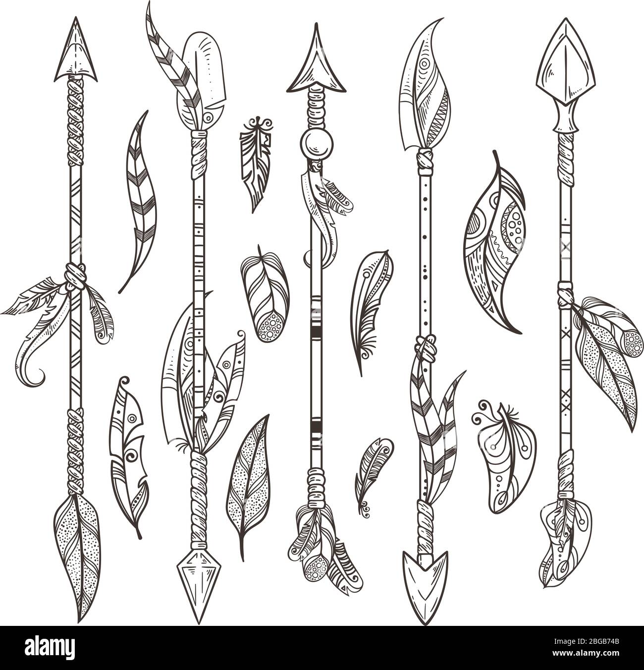 Decorative arrows and feathers set in boho style. Native indian vector ...