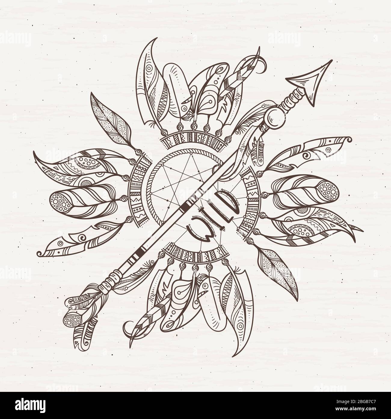 Tribal poster with dreamcatchers arrows and indian feathers. Vector illustration with place for your text Stock Vector