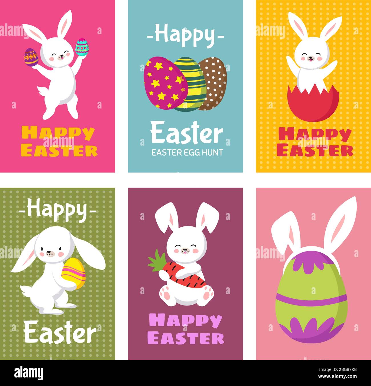 Happy Easter vector greeting cards with cartoon bunny rabbit and easter eggs. Illustration of easter holiday with rabbit and eggs Stock Vector