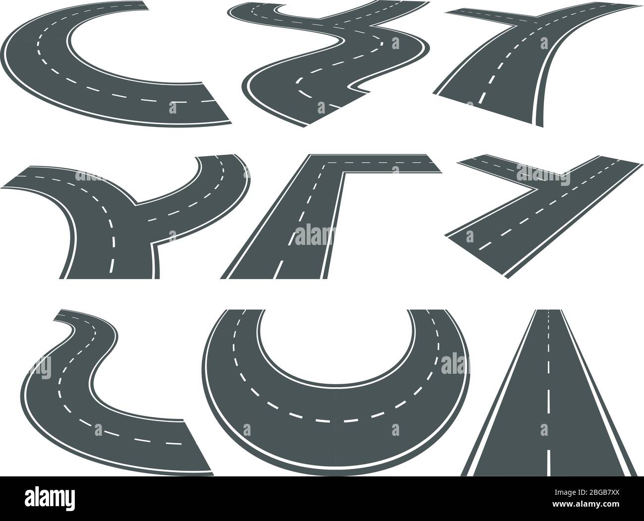 Different isolated curved asphalt roads. Street in perspective. Vector set Stock Vector