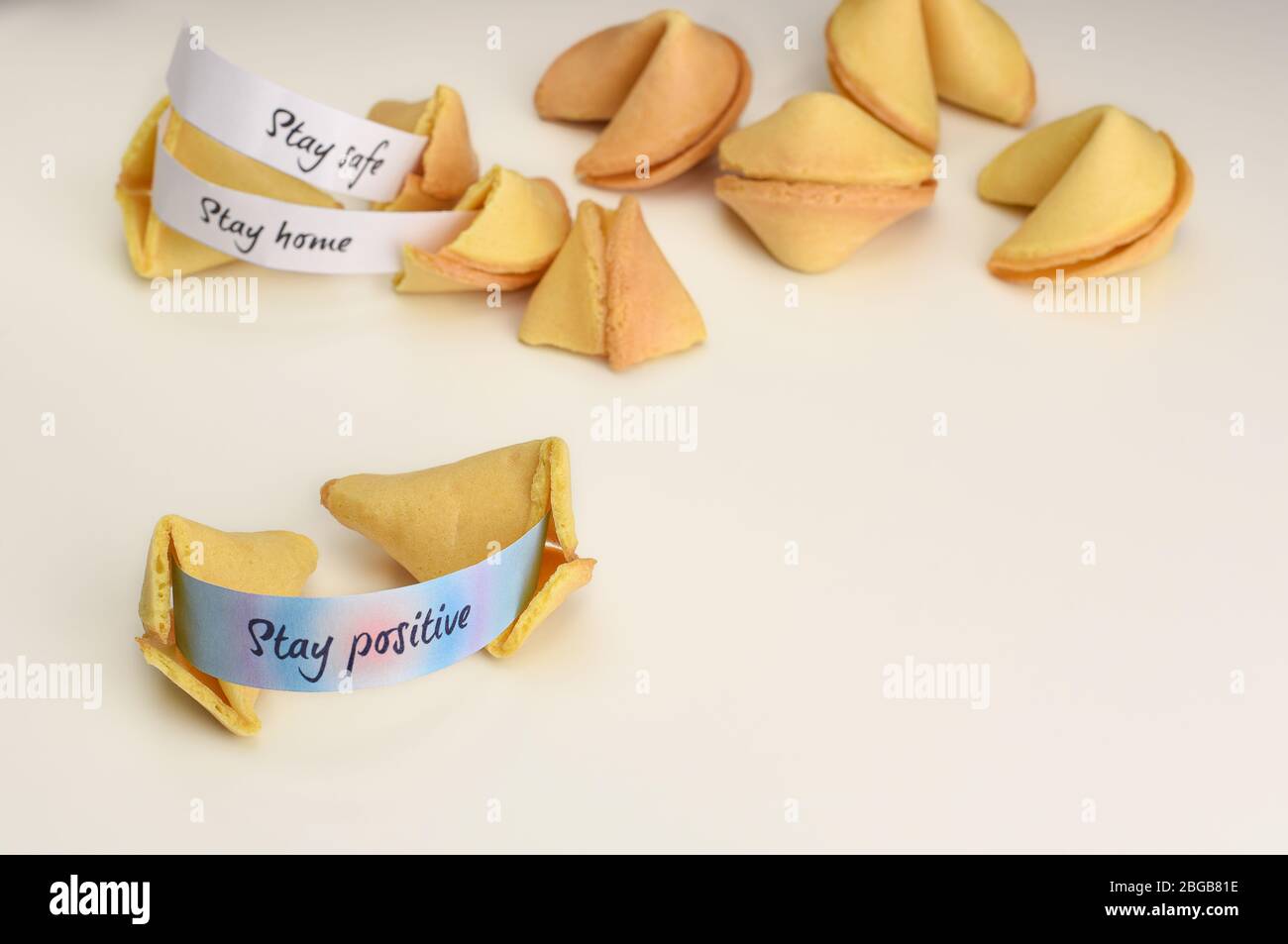 Stay positive wish in opened Chinese fortune cookie. Stay home, stay
