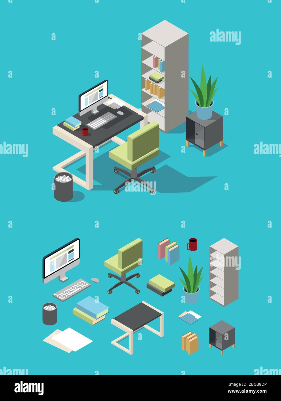 Isometric office workspace with different furniture and elements. Table