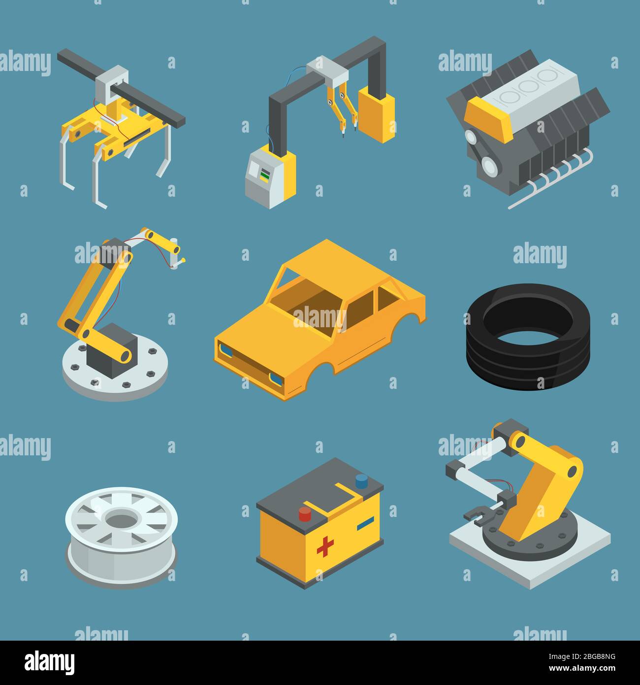 Car factory. Different technic for manufacturing process. Automated machinery line production. Industry robots. Vector isometric illustrations Stock Vector