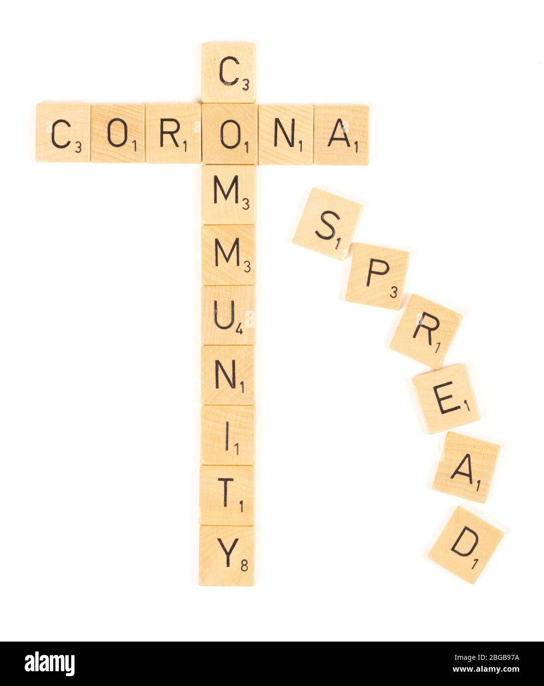 Corona community spread scrable letters, isolated on a white background Stock Photo