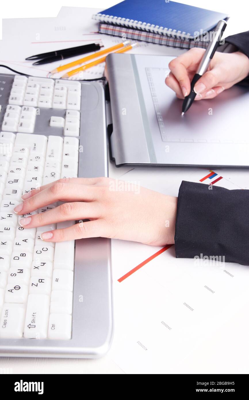Female hand using graphics tablet on table close up Stock Photo