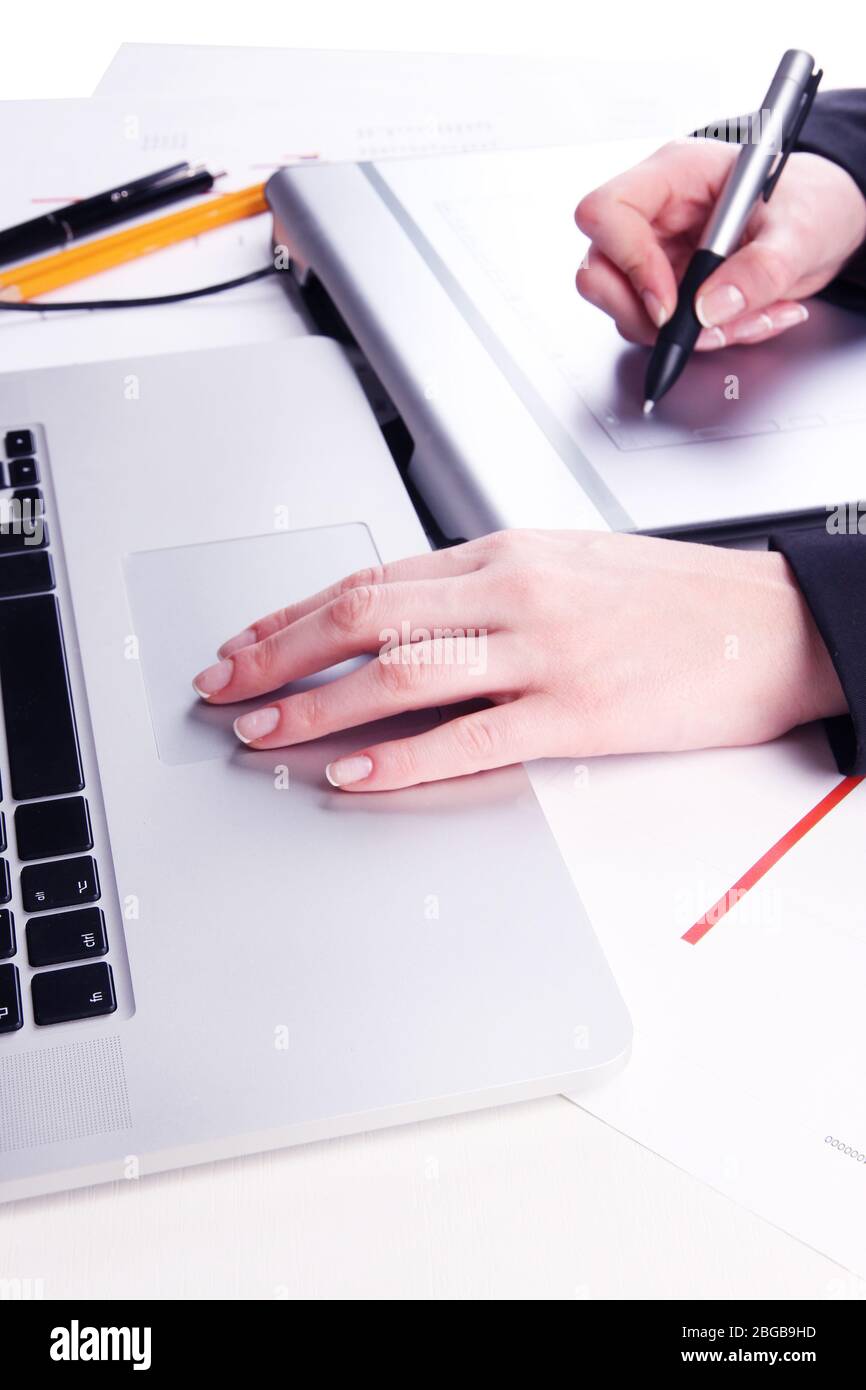 Female hand using graphics tablet on table close up Stock Photo