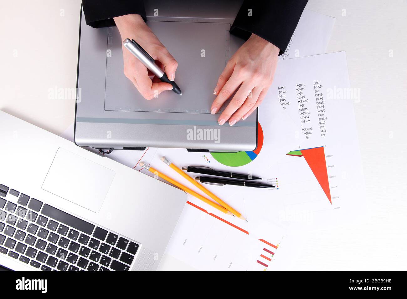 Female hand using graphics tablet on table close up Stock Photo