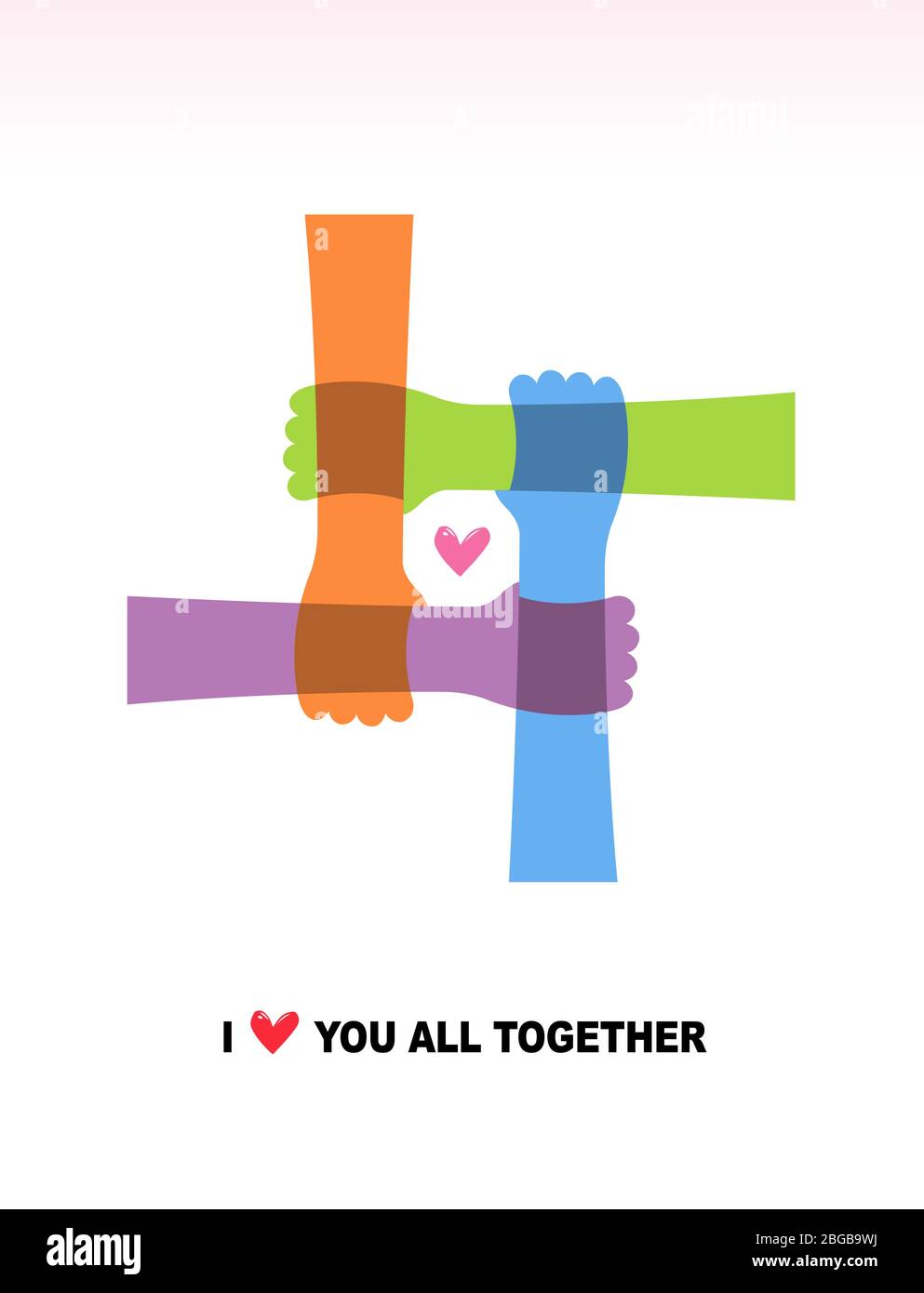 Four hands are connected, and there are hearts in the middle. I love you all together. Concept Stock Vector