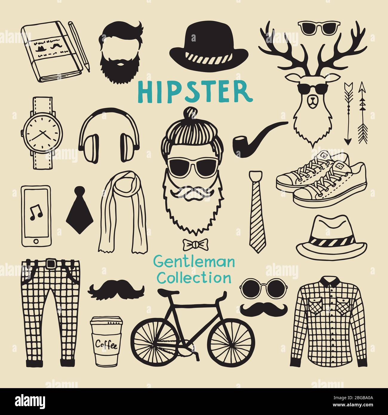 Hipster style elements set of male character. Hand drawn funky elements for your design project Stock Vector