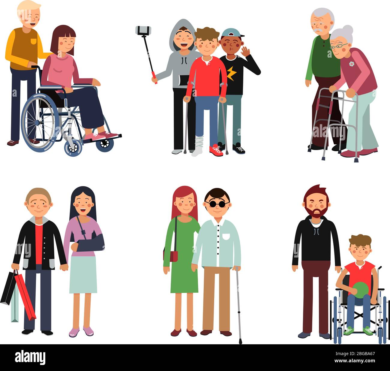 Disabled person with his helpful friends or volunteers. Vector flat style illustration of humans Stock Vector