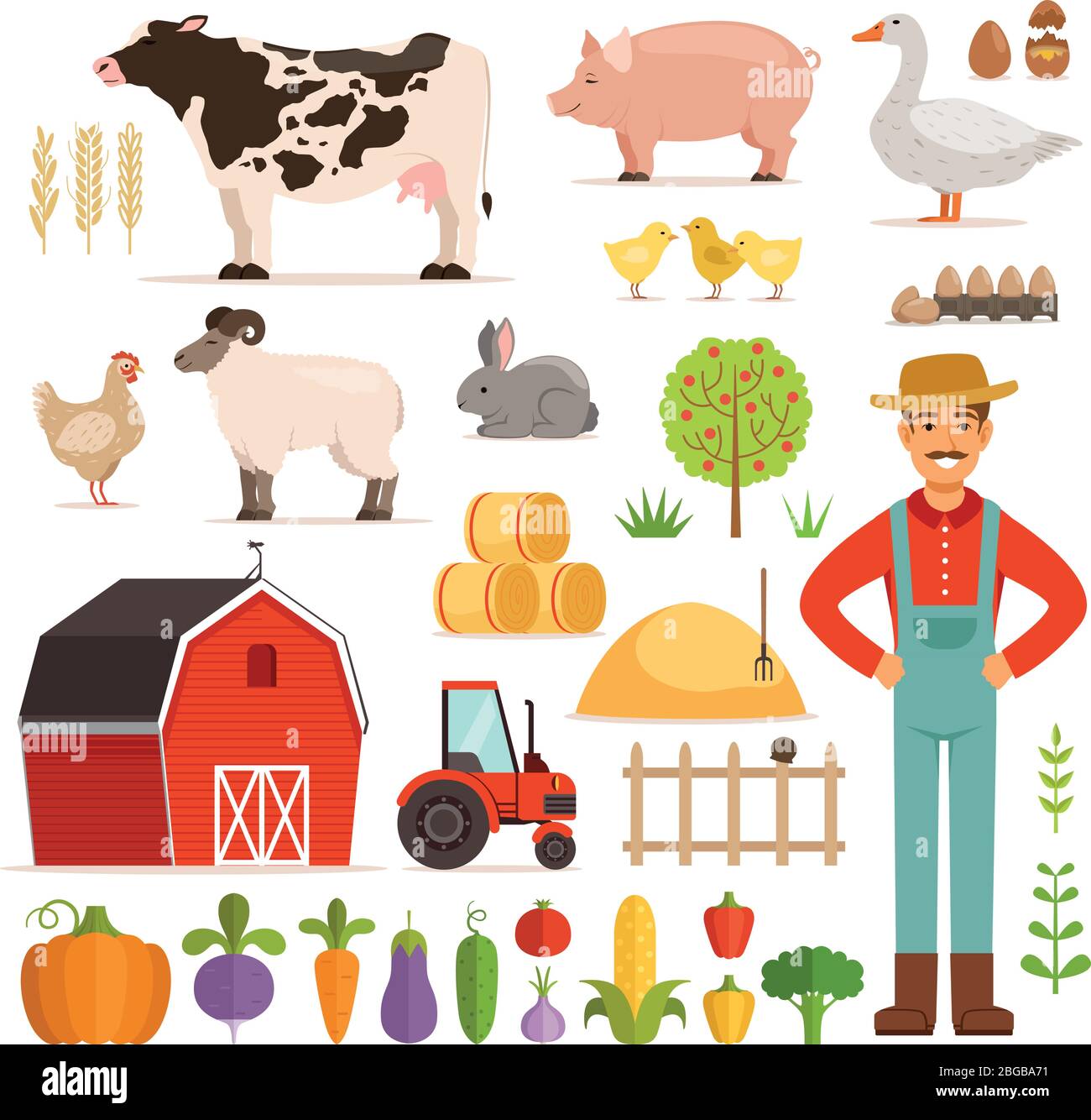 Different farm elements. Vegetables, transport and domestic animals. Vector illustrations set Stock Vector