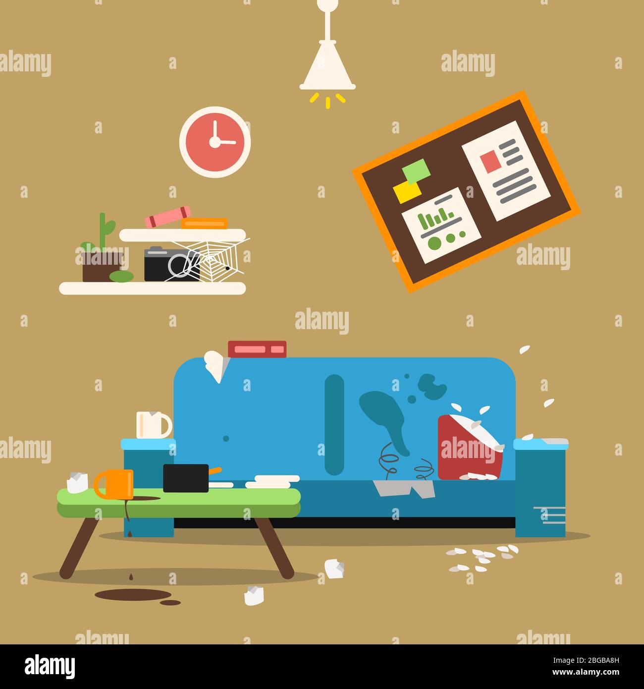 Sofa in dirty organized apartment. Different trashes in room. Flat style vector illustration Stock Vector