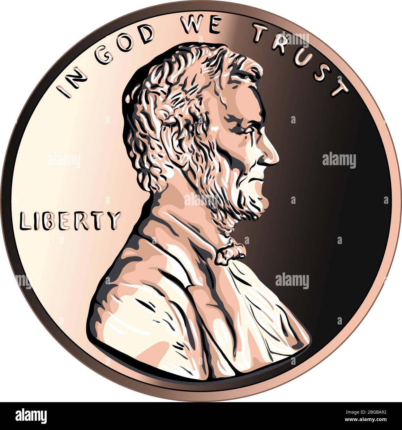 American money, United States one cent or penny, Proof Lincoln cent coin with cameo effect, President Abraham Lincoln on obverse Stock Vector