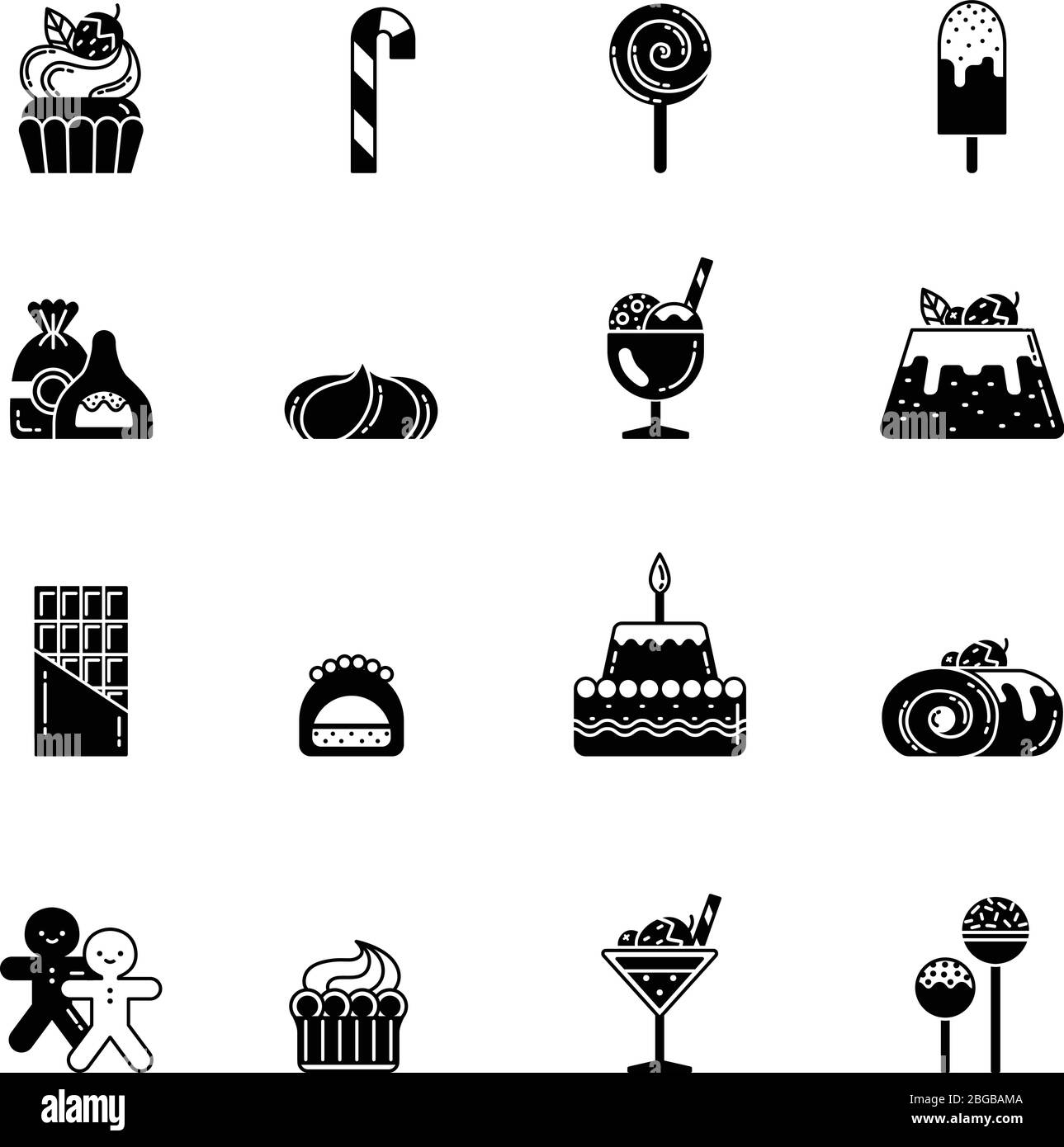 Monochrome black icons of sweet, biscuits and other bakery foods. Ice cream and chocolate cupcake. Vector pictures set Stock Vector