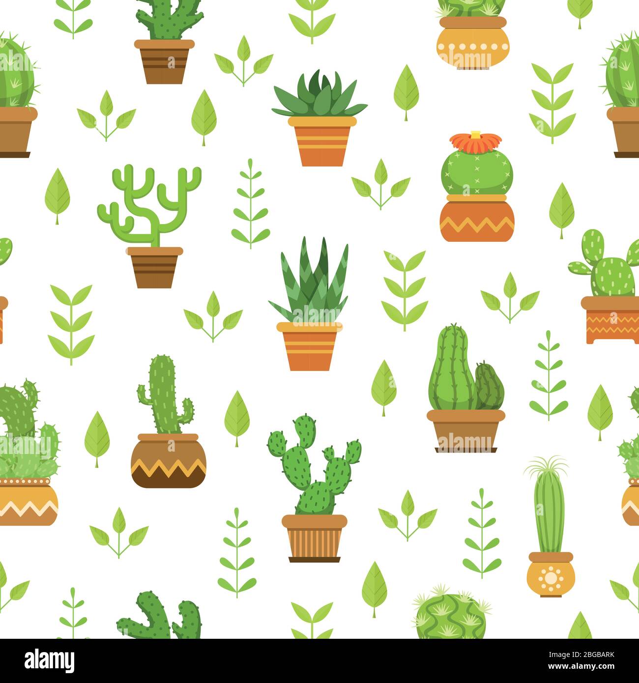 Desert plants with flowers. Cactus in pots. Vector seamless pattern Stock Vector