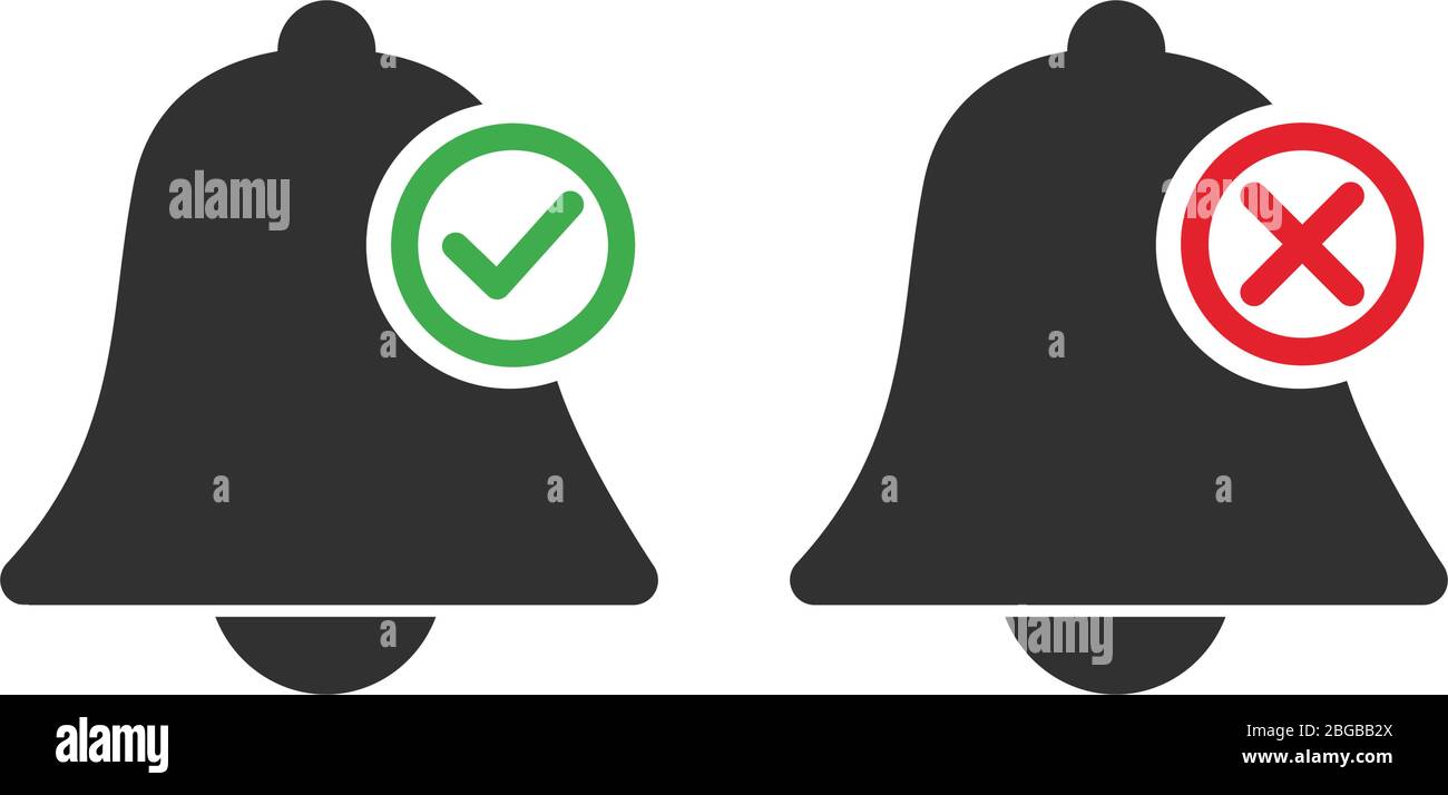 An active alarm bell or notofication icon with checkmark, deactivated ...