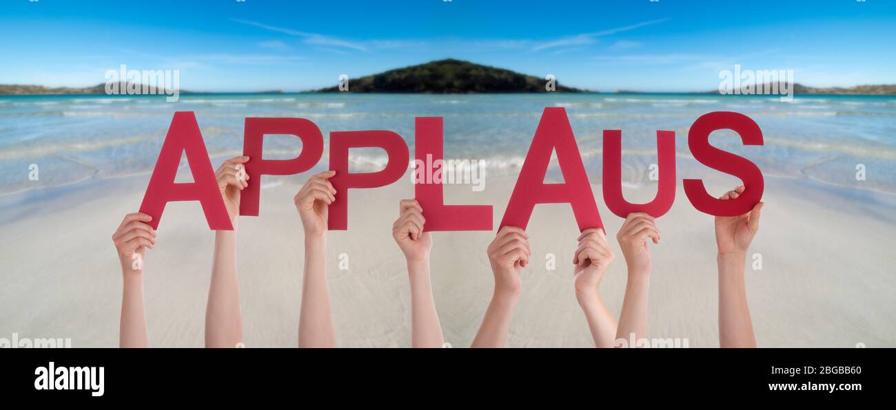 People Hands Holding Word Applaus Means Applause, Ocean Background Stock Photo