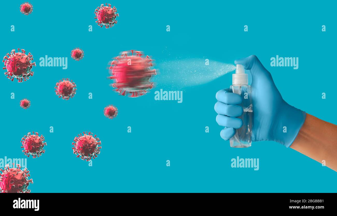 Stop pandemic covid 2019. Spraying on viruses using antiseptic. Disinfectant spray Stock Photo