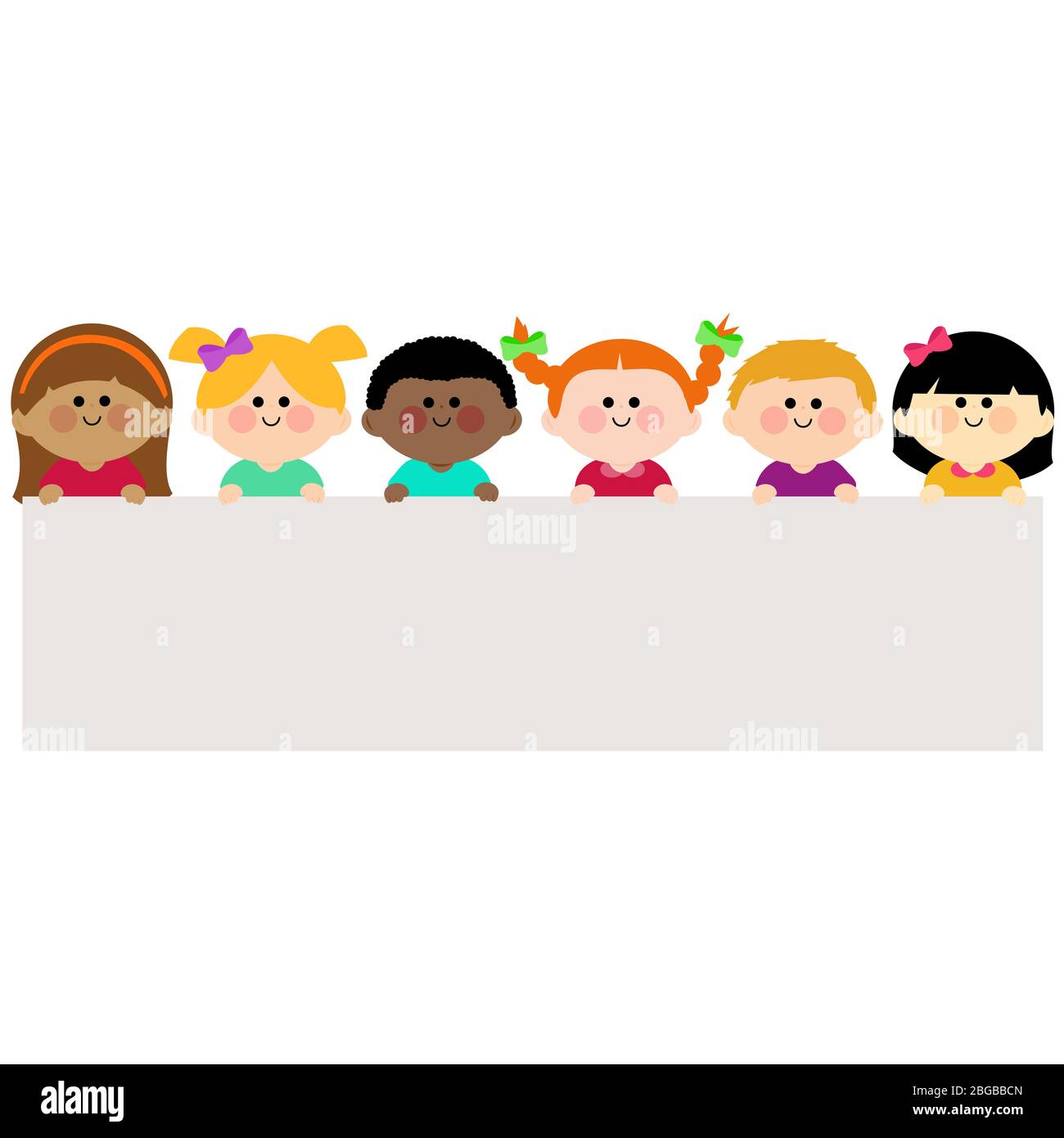 Happy group of children holding a blank banner. Cute girls and boys ...