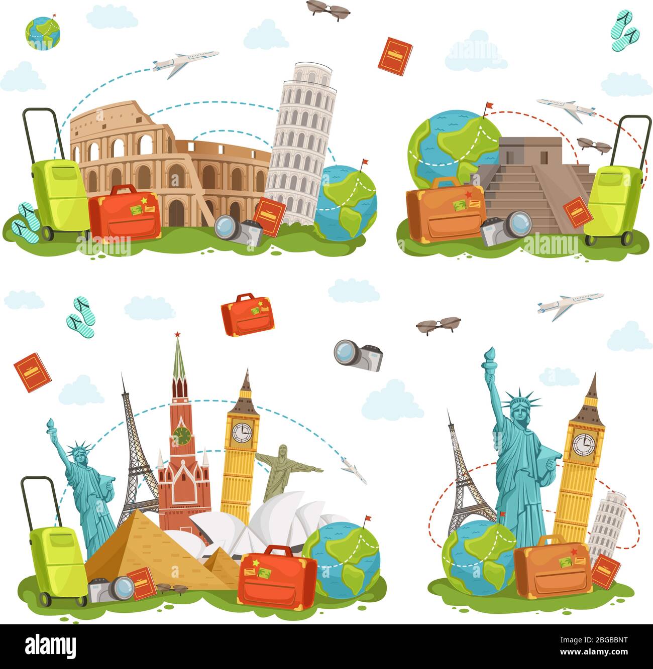 Travel icons and different landmarks. Famous world places isolate on white. Vector illustrations set Stock Vector