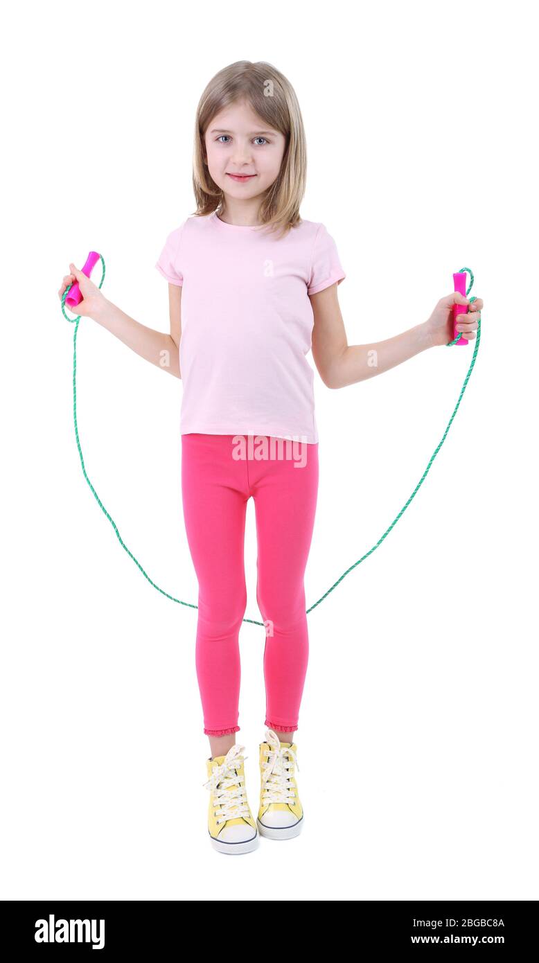 Beautiful little girl doing exercises isolated on white Stock Photo - Alamy