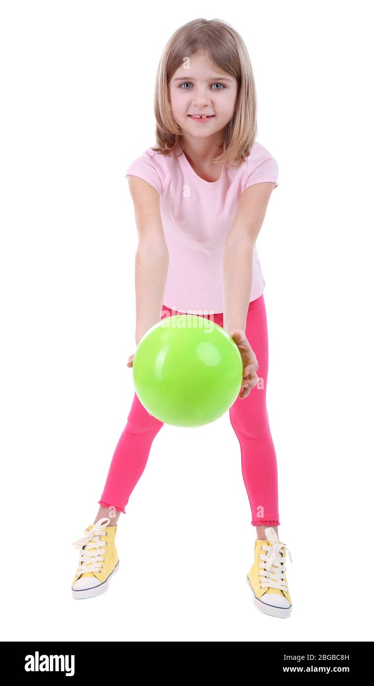 Beautiful little girl doing exercises isolated on white Stock Photo - Alamy