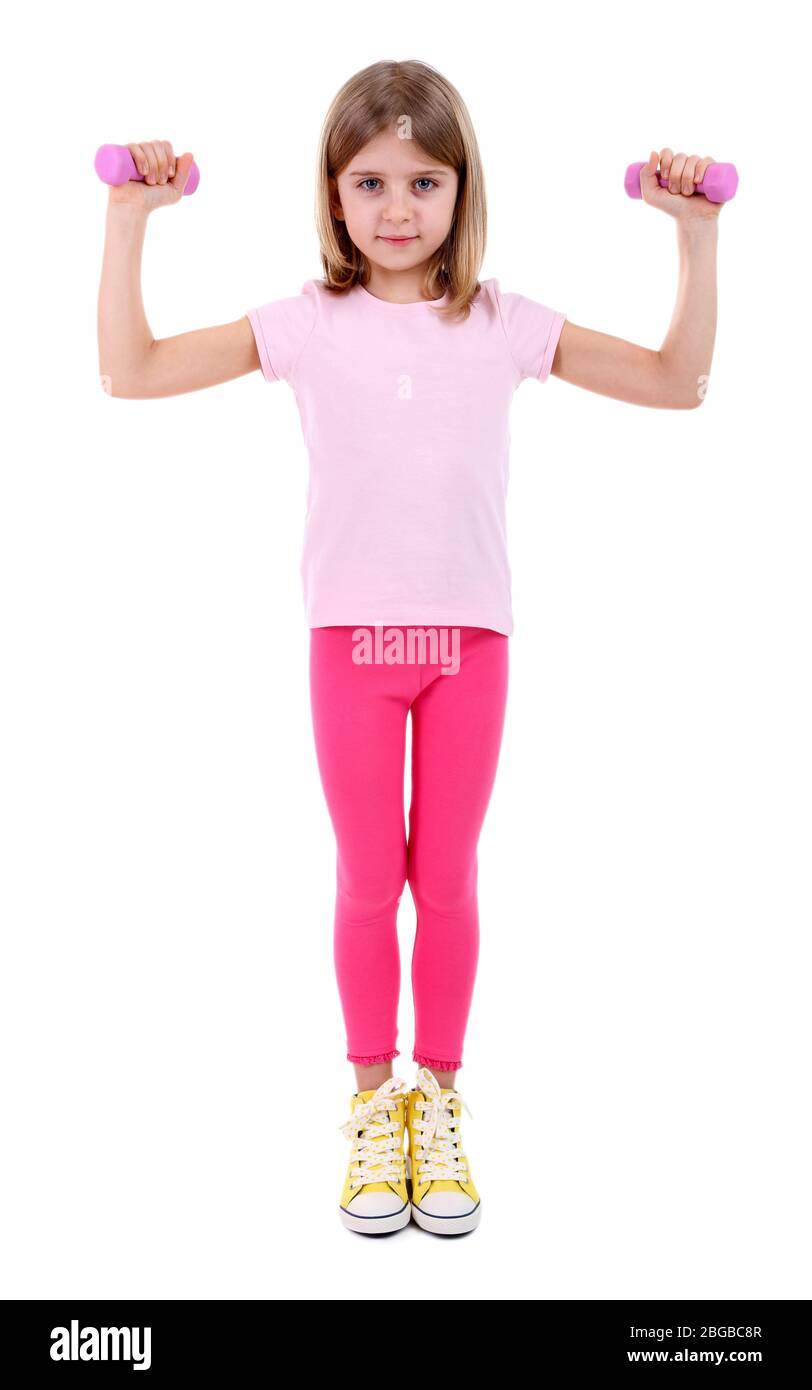 Beautiful little girl doing exercises isolated on white Stock Photo - Alamy