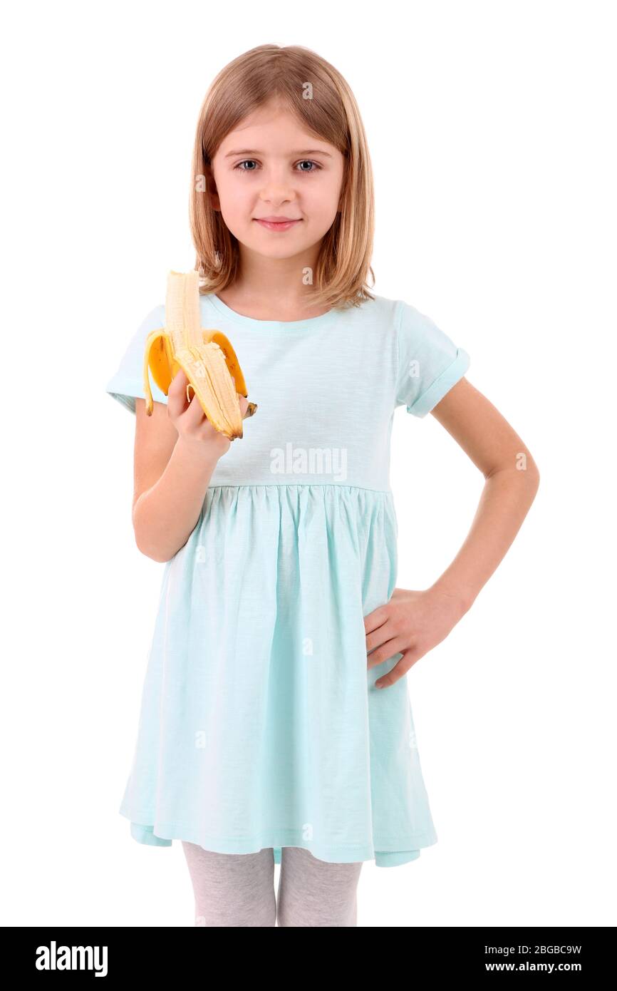 Beautiful little girl holding banana isolated on white Stock Photo Alamy