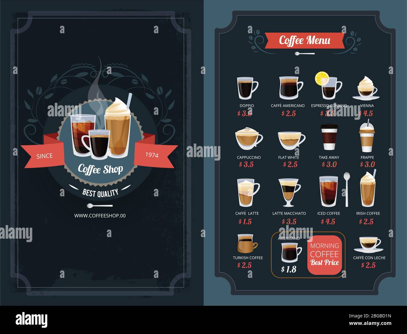 Coffee menu with different types. Cappuccino, macchiato, latte and others Stock Vector