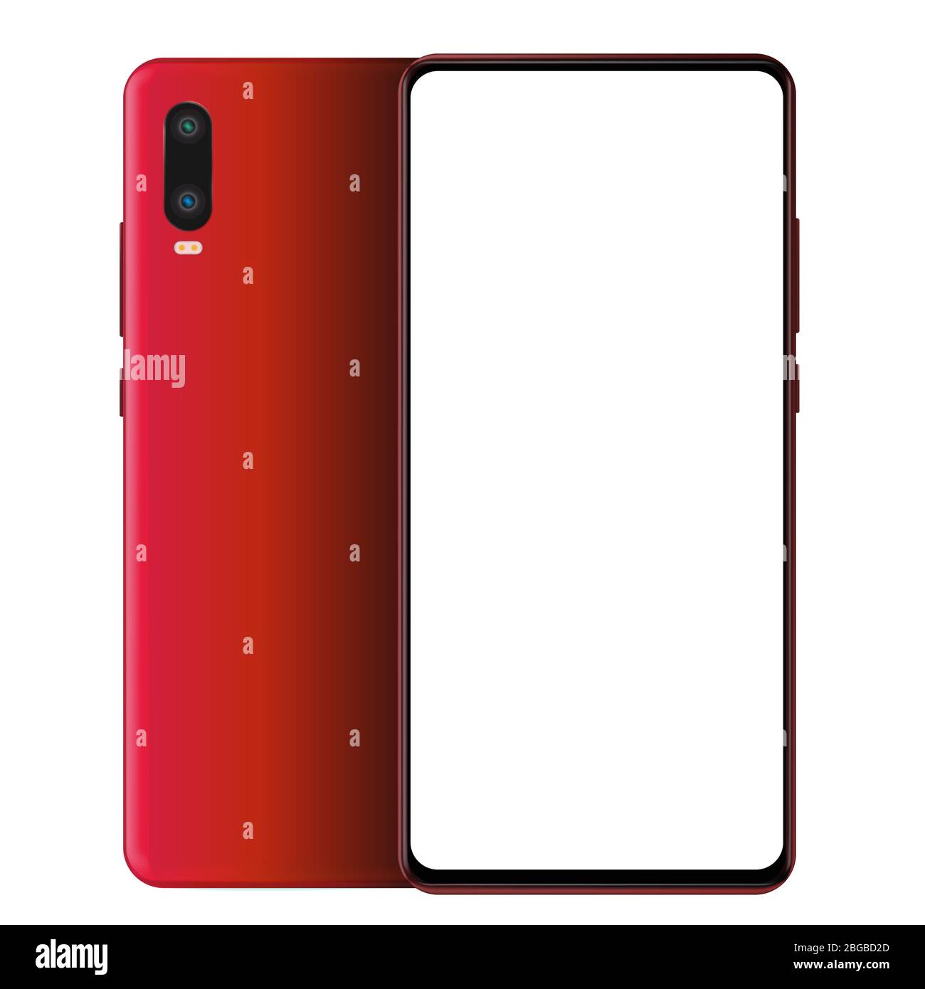 Realistic red smartphone mockup front and back sides. Mobile phone