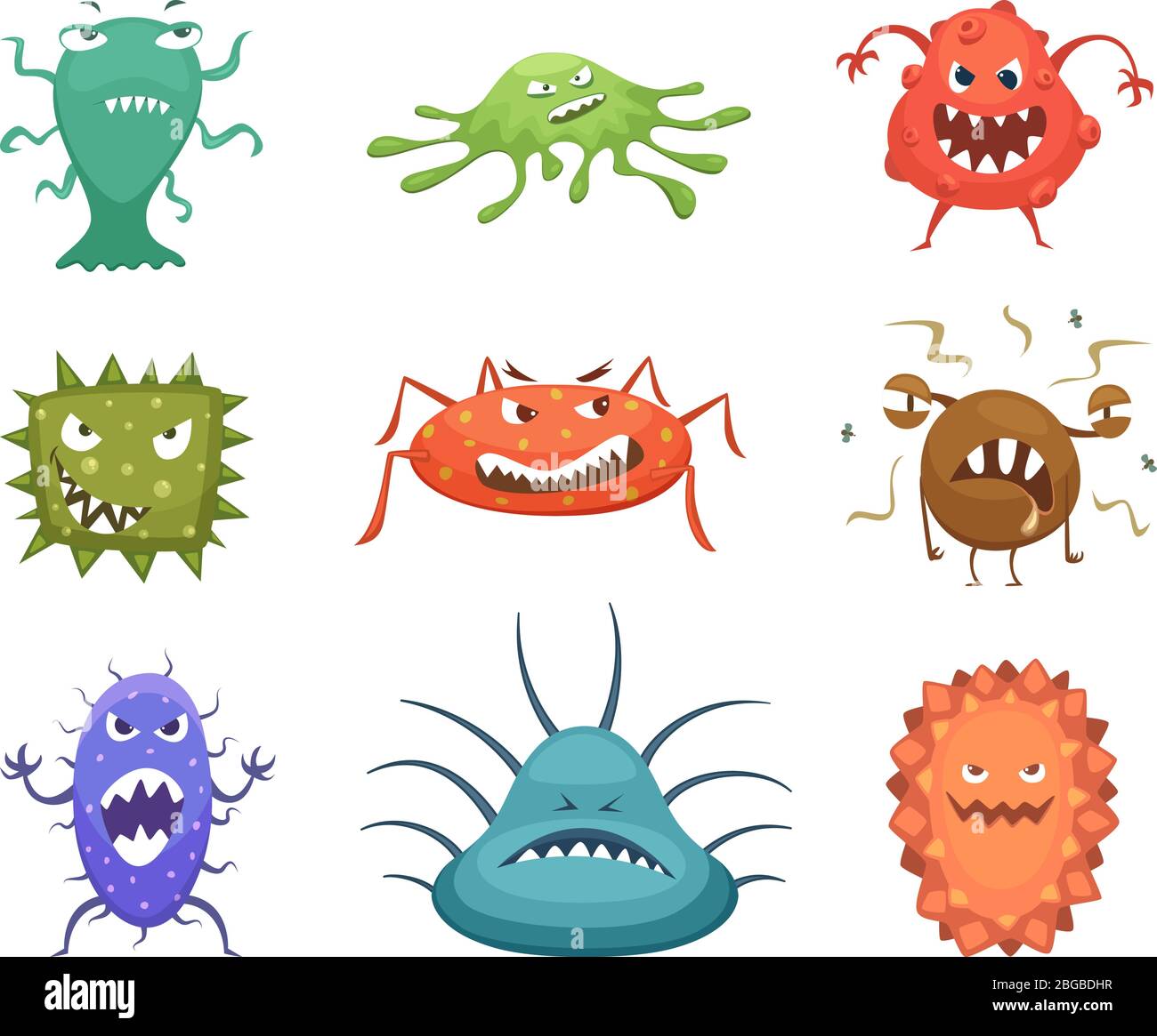 Different cartoon viruses mascots and flu microbes. Vector characters design set Stock Vector