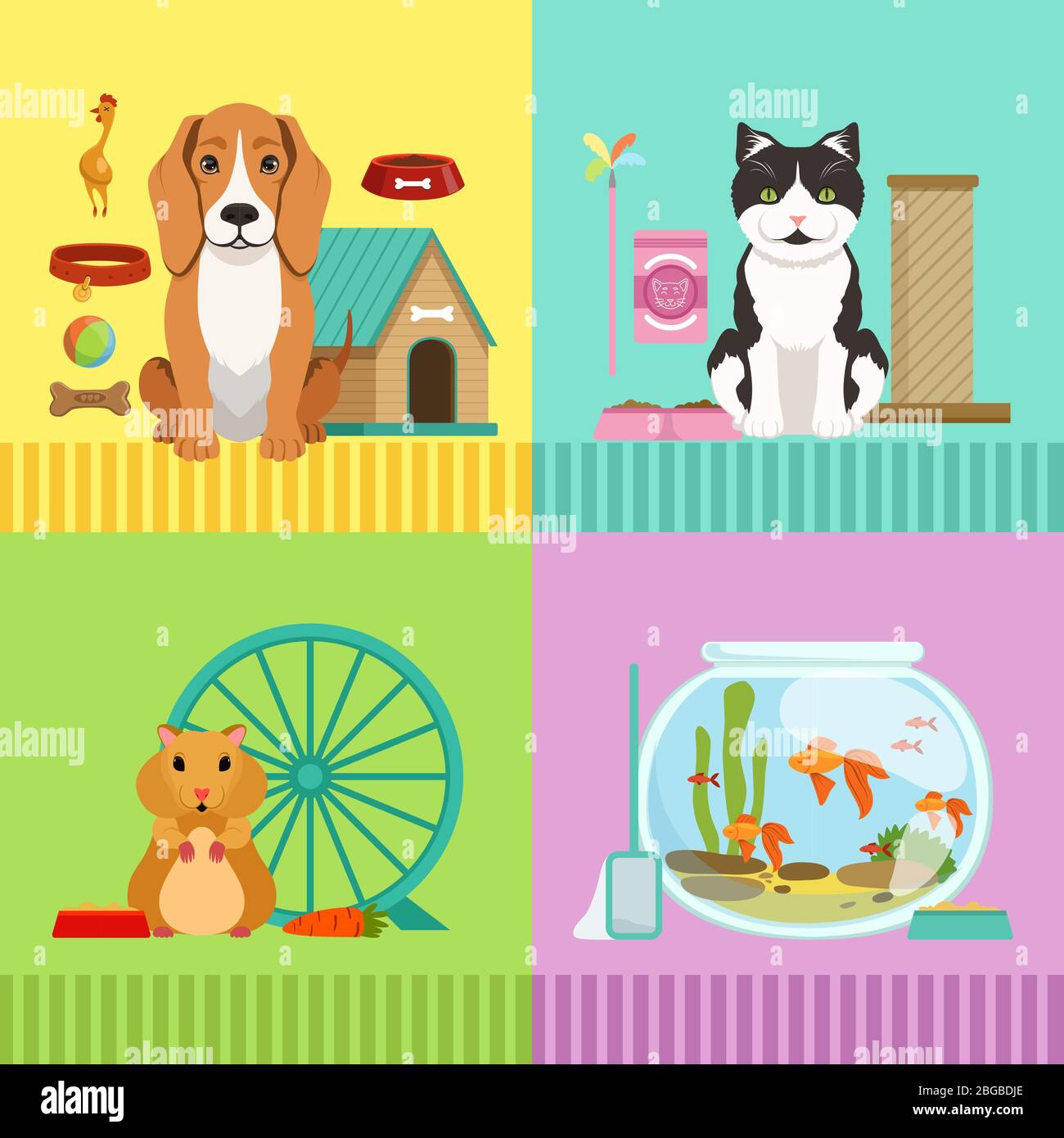 Conceptual illustrations of different pets. Dog, cat, hamster and fishes. Vet room pictures in cartoon style Stock Vector