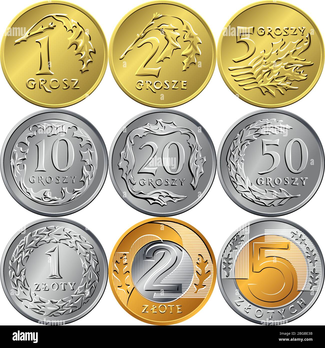 vector set of reverse Polish Money zloty and grosz gold and silver coins with Value and eagle in a crown Stock Vector