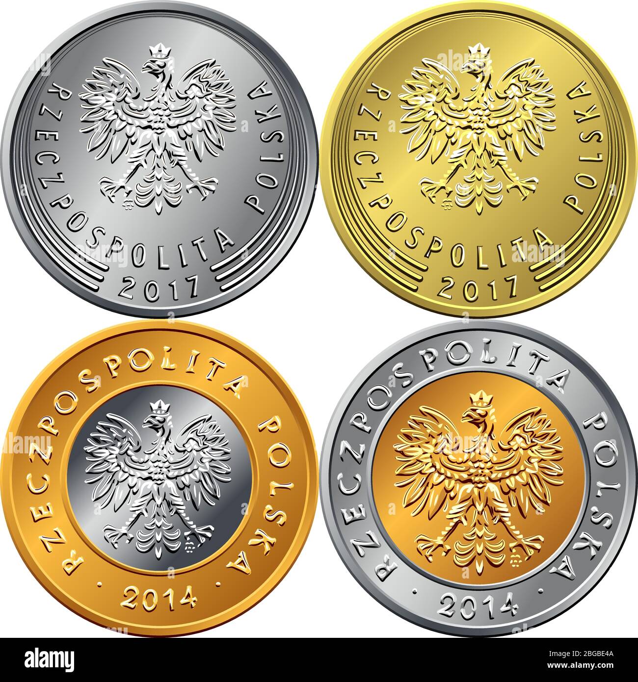 vector set of obverse Polish Money zloty and grosz gold and silver coins with eagle in a crown Stock Vector