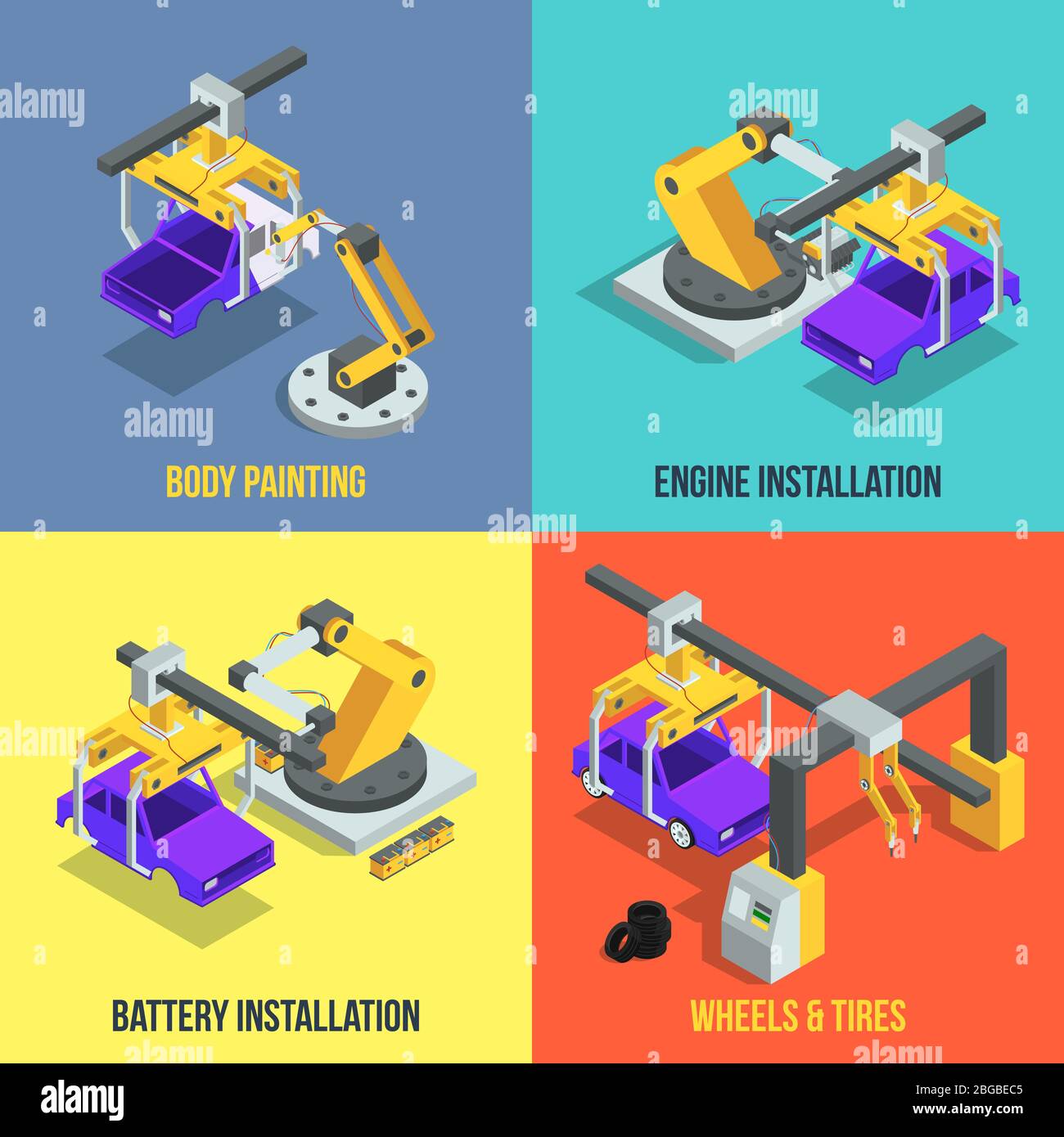 Car production phases. Automated machinery line. Industrial isometric vector illustrations Stock Vector