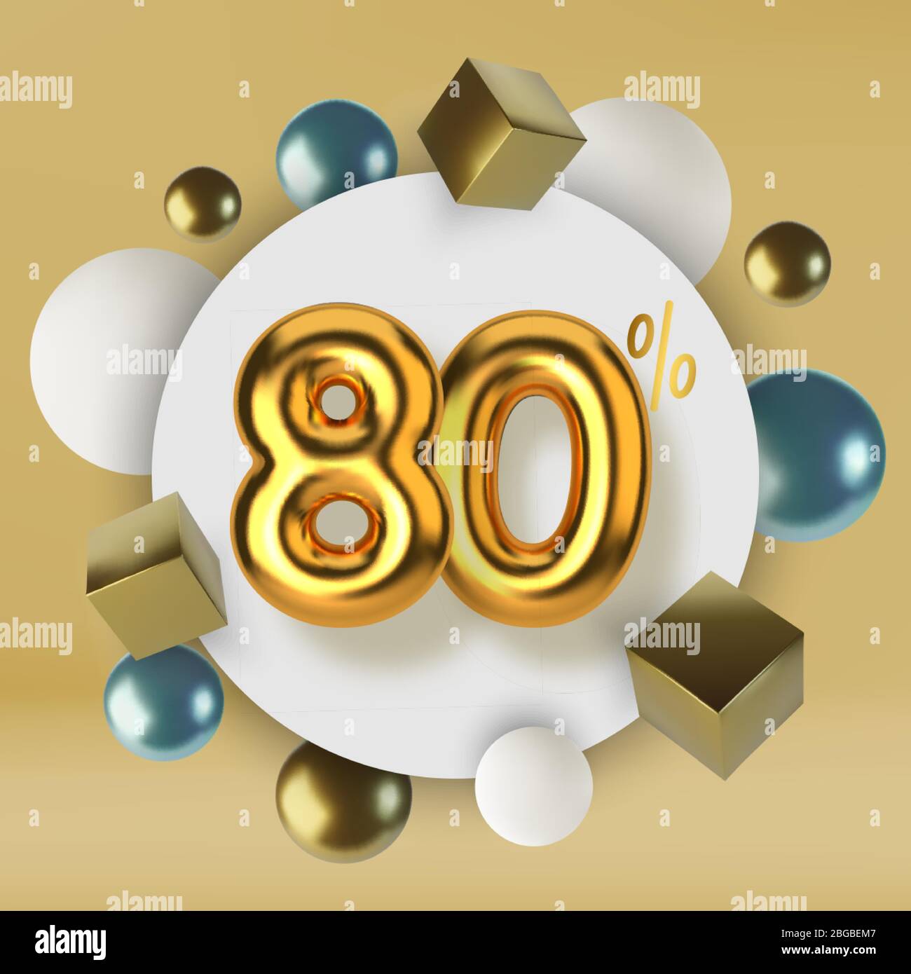 80 off discount promotion sale made of 3d gold text. Number in the form of golden balloons.Realistic spheres and cubes. Abstract background of Stock Vector