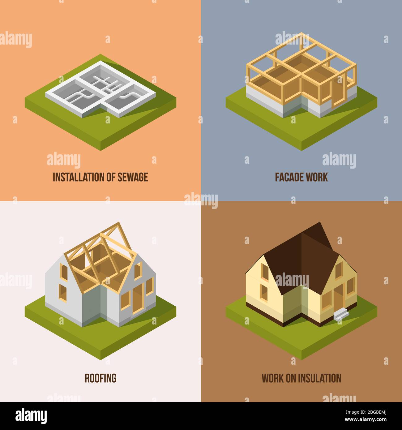 Different Construction Stages Isometric Vector Pictures Stock Vector