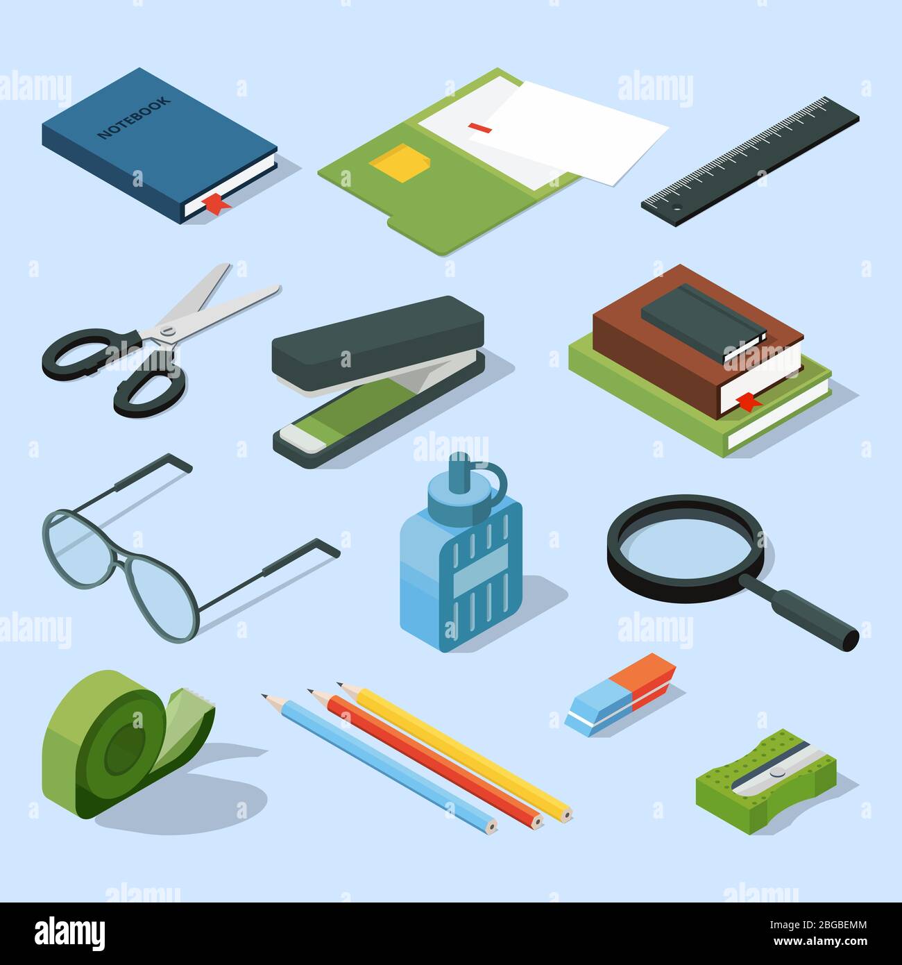 Books, paper documents in folders, and other base stationary elements set. Vector isometric office equipment Stock Vector