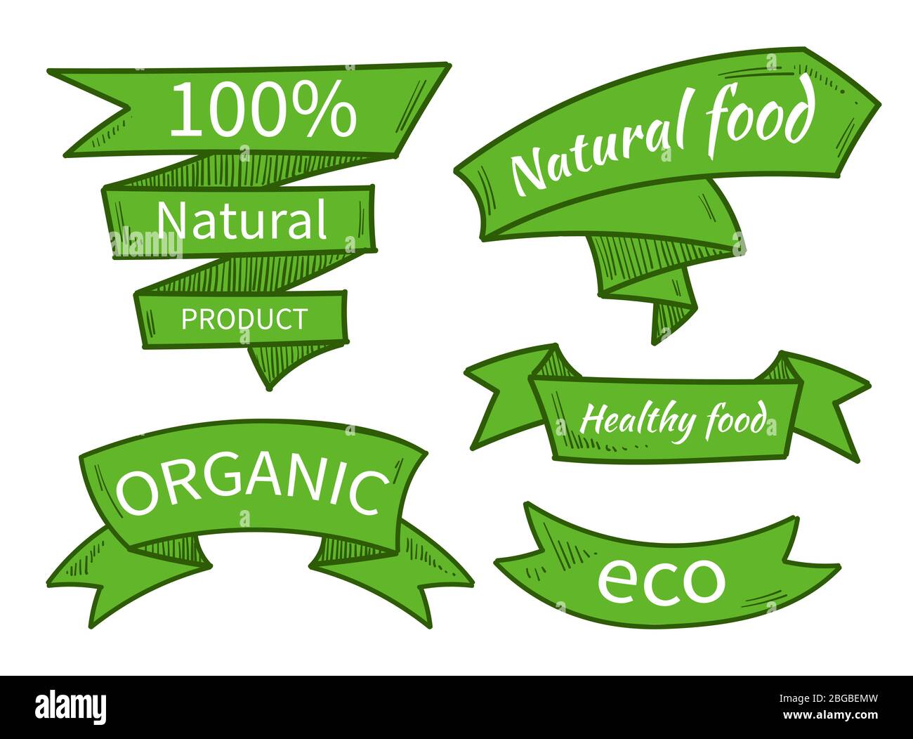 Vector natural food, eco, organic product templates, badges, labels. Hand drawn ribbons. Vector illustration Stock Vector