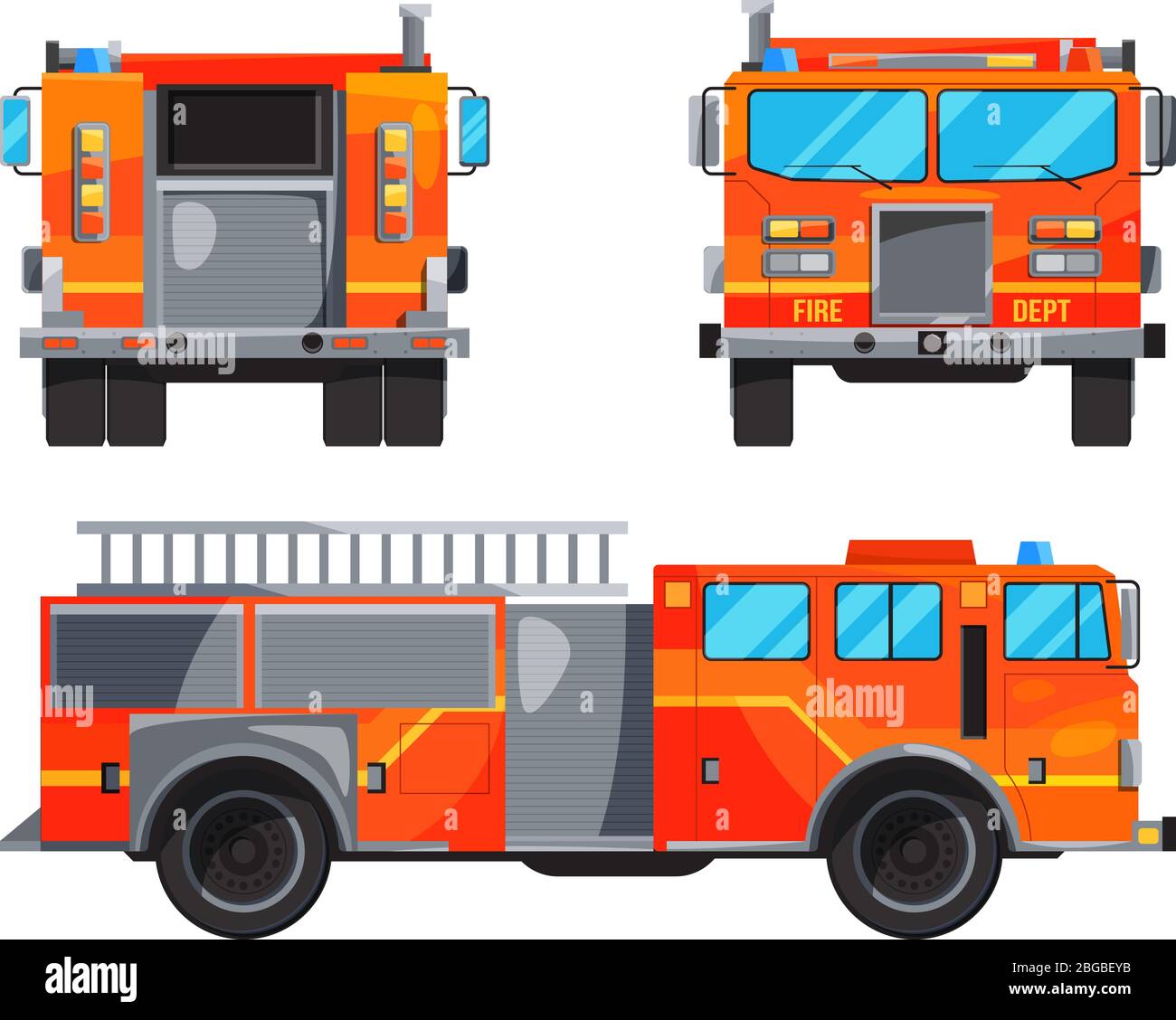 Different sides of fire truck. Specific professional car for fireman Stock Vector