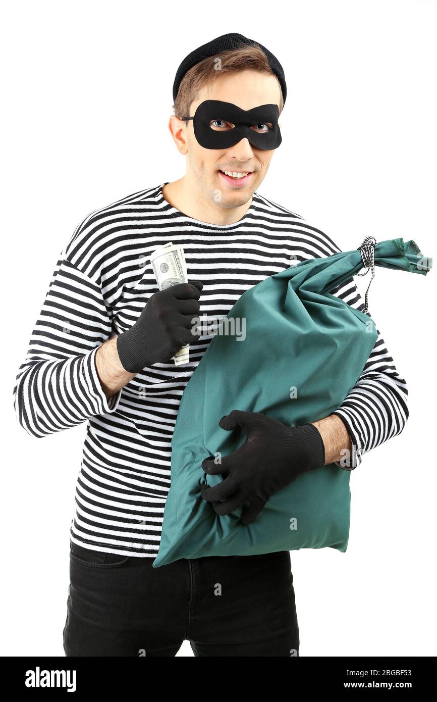 Thief with bag, isolated on white Stock Photo - Alamy