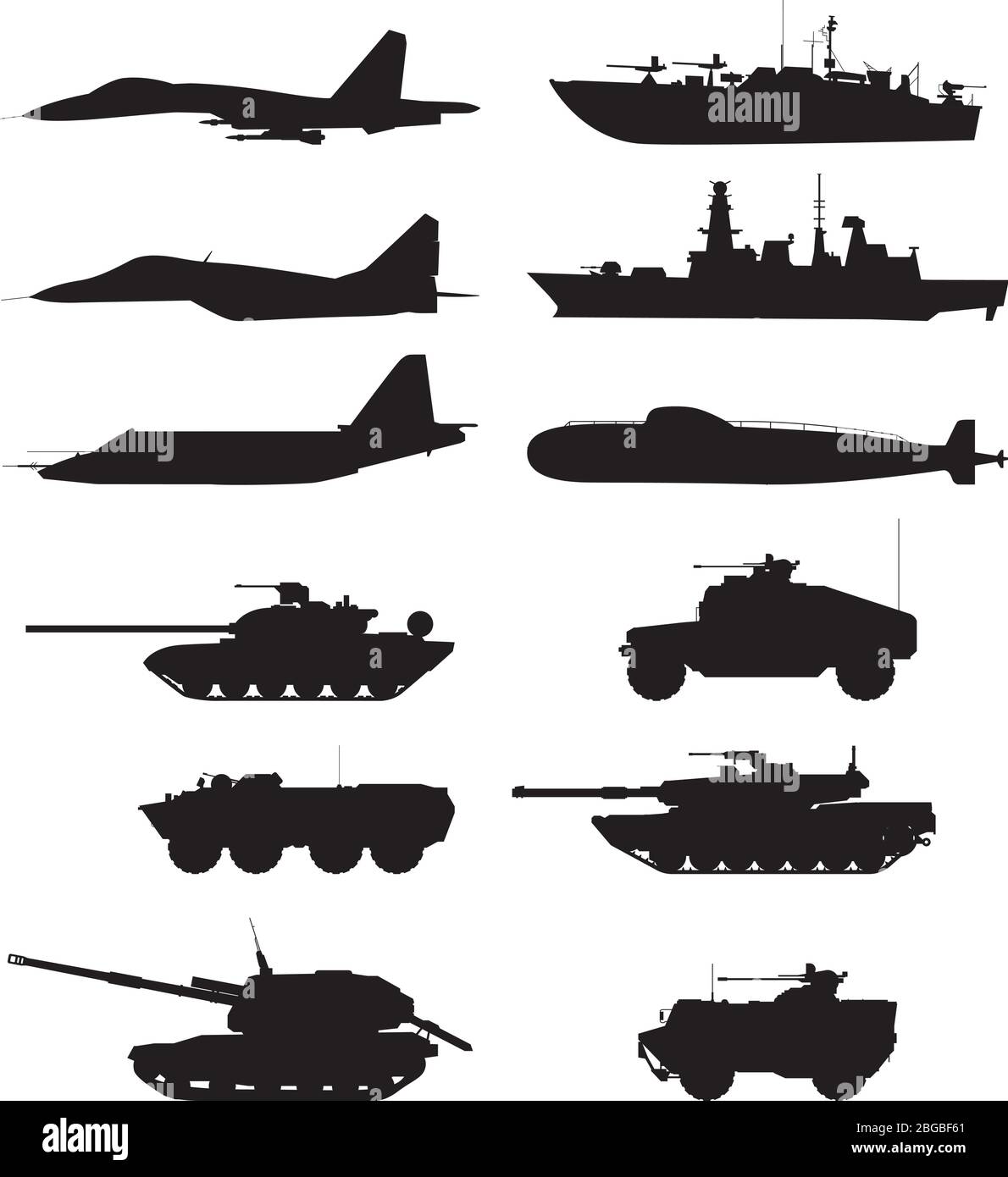 Silhouette of military machines support. Aircraft forces. Army vehicles and warships Stock Vector
