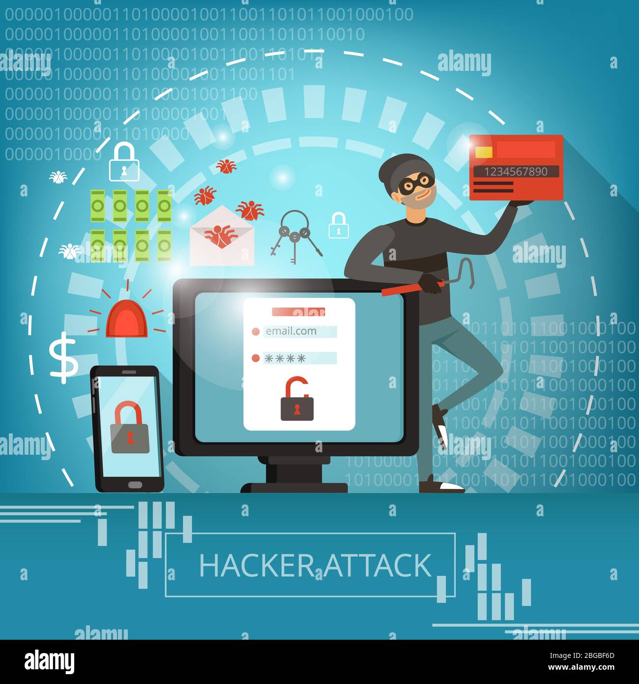 Concept illustration of computer crime and hacker mascot. Vector pictures Stock Vector