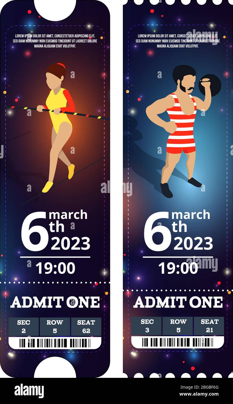 Circus tickets design. Vector illustrations in cartoon style Stock Vector