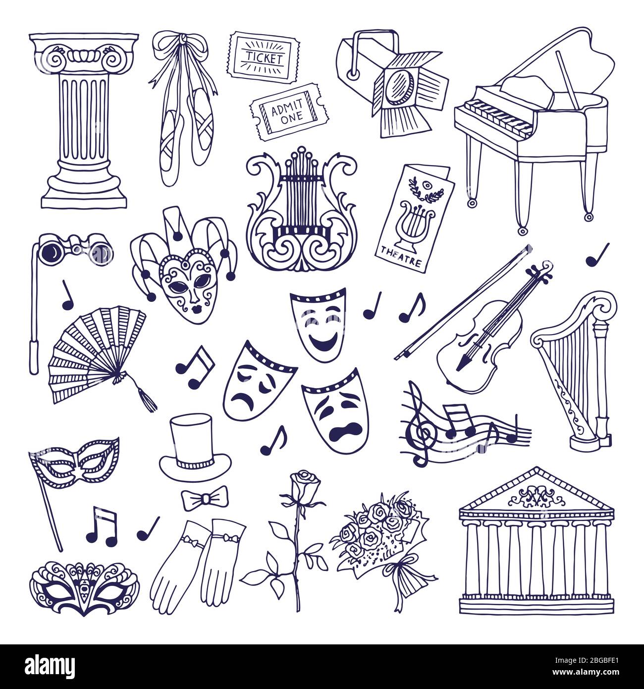 Theatre illustrations set. Opera and ballet vector symbols isolate on white Stock Vector