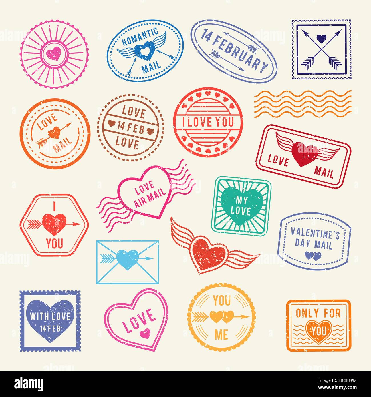 Vintage romantic postal stamps. Vector love elements for scrapbook or