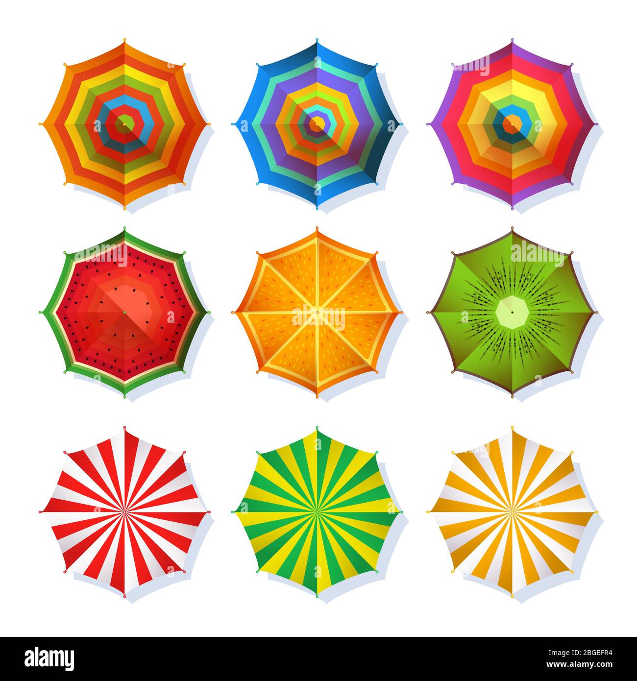 Top view picture of summer beach umbrella for relaxation. Colorful vector set isolate on white Stock Vector
