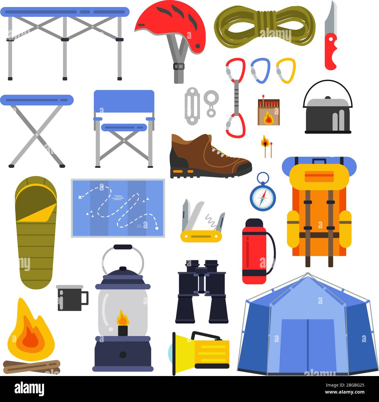 Equipment for hiking and climbing. Camping or travel vector illustrations set Stock Vector