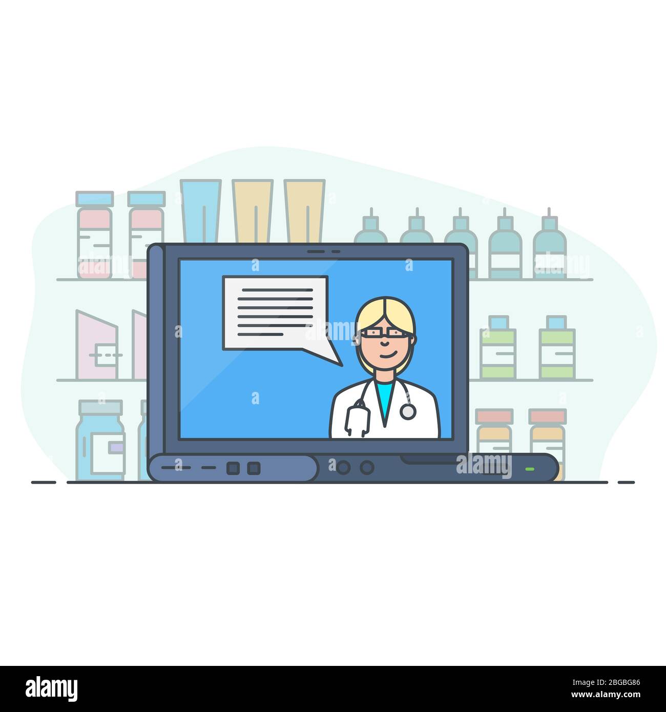 Laptop with women doctor giving consultation. Healthcare online consultation. Health and medicine service online. Buying drugs online. Line vector tre Stock Vector