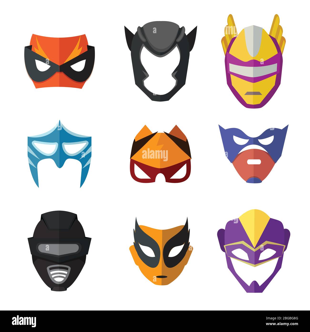 Different superheroes masks for kids. Vector illustrations in flat style Stock Vector